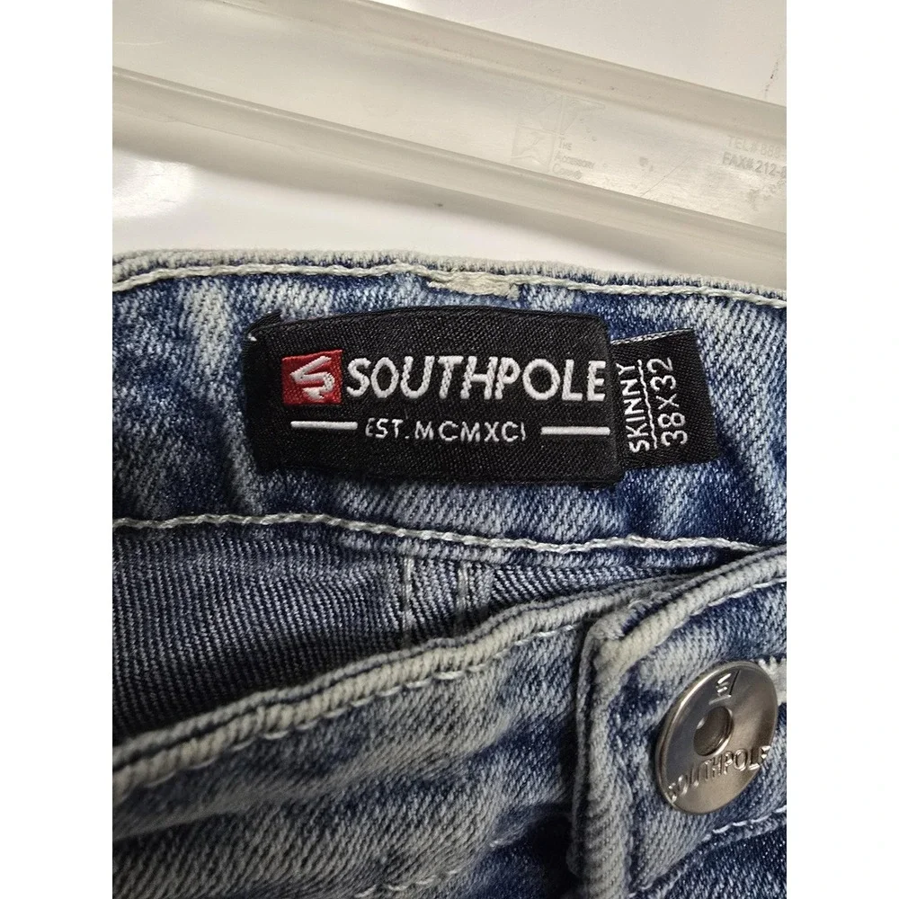 Southpole Jeans Mens 38x32 Acid Wash Skinny Fit Denim Distressed Pants Blue